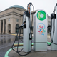 An electric car charging station is positioned outside the Science Museum in Richmond, VA.